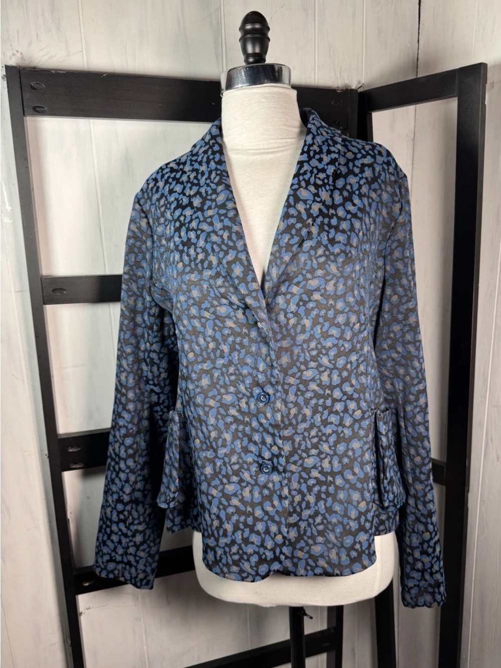 ECHAPPEES BELLES Brazilian Designer BLUE LEOPARD Print Blazer/Jacket Medium Mint